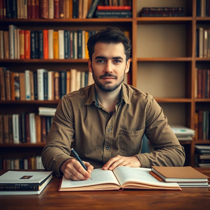Portret al fondatorului la biroul de scris, cu rafturi de cărți în spate