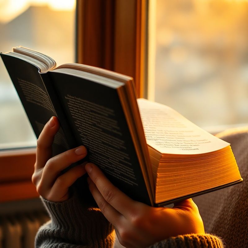 Mâini ținând un roman literar gros, lumină caldă