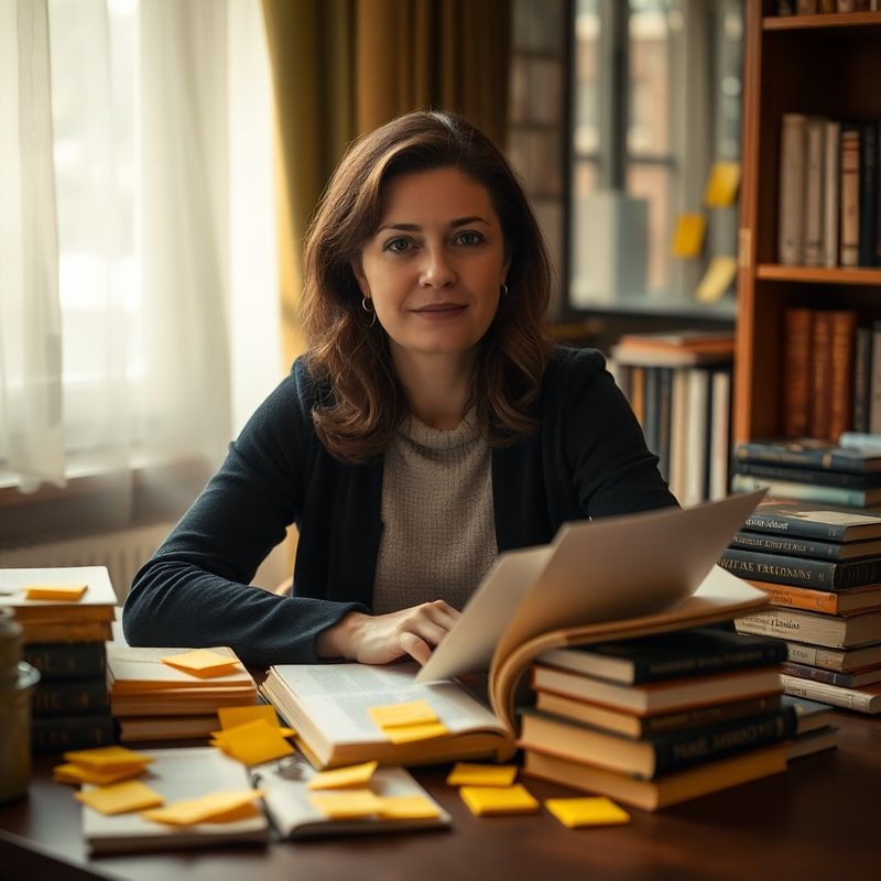Portret al traducătoarei Mara Dinu la birou, cu dicționare și note adezive